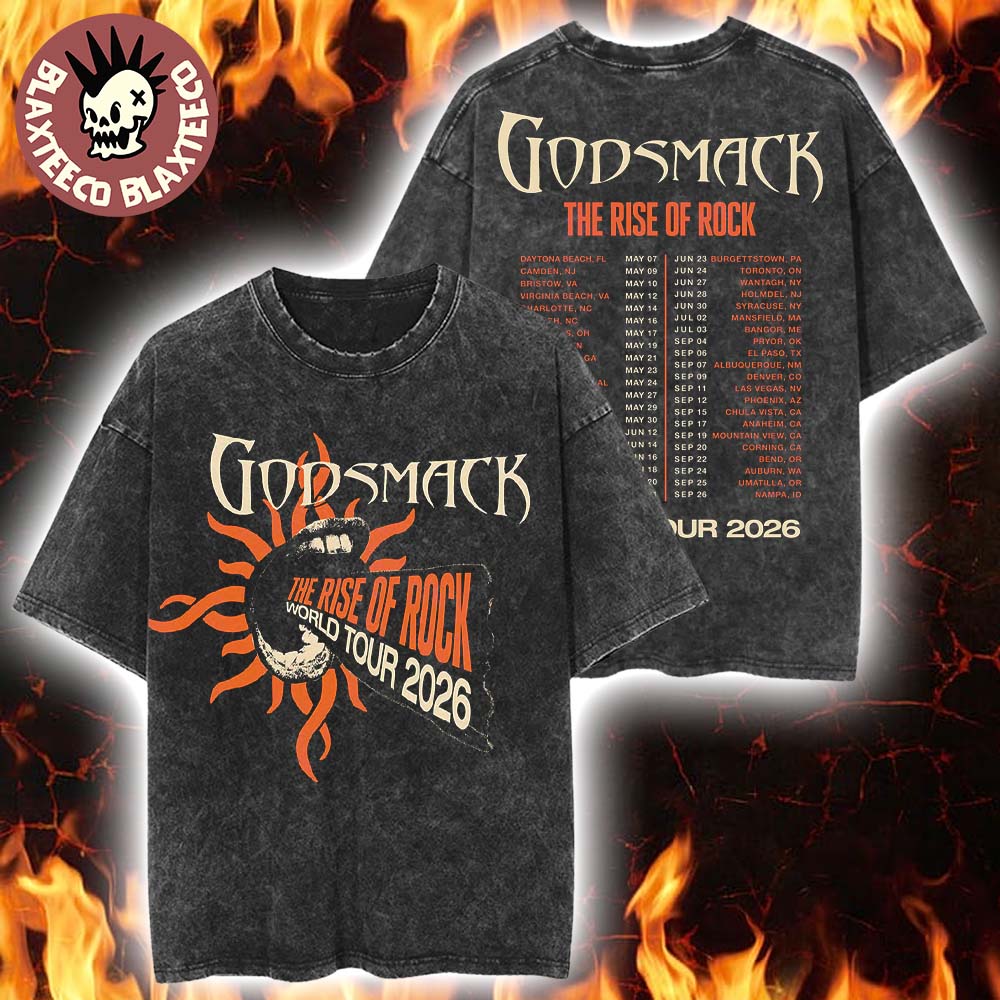 Godsmack The Rise Of Rock World Tour 2026 Merch North America Admat Itin Vintage Washed Tee