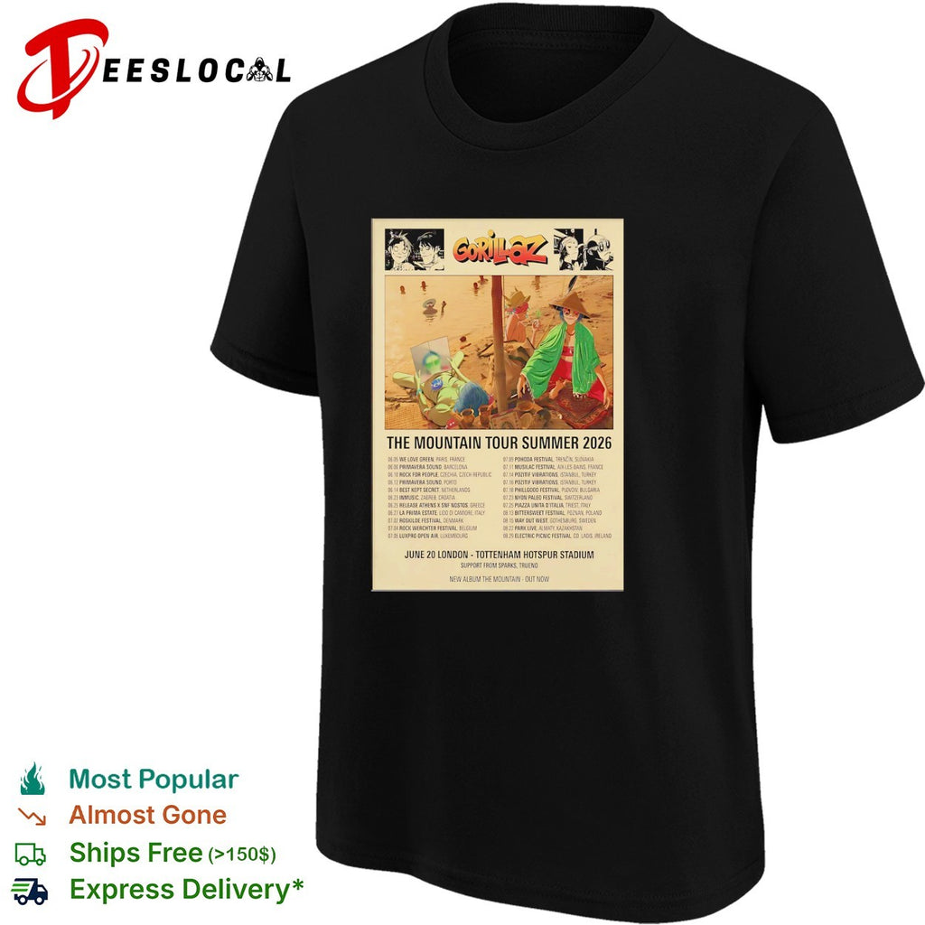 Gorillaz The Mountain Tour Summer 2026 London Tottenham Hotspur Stadium shirt