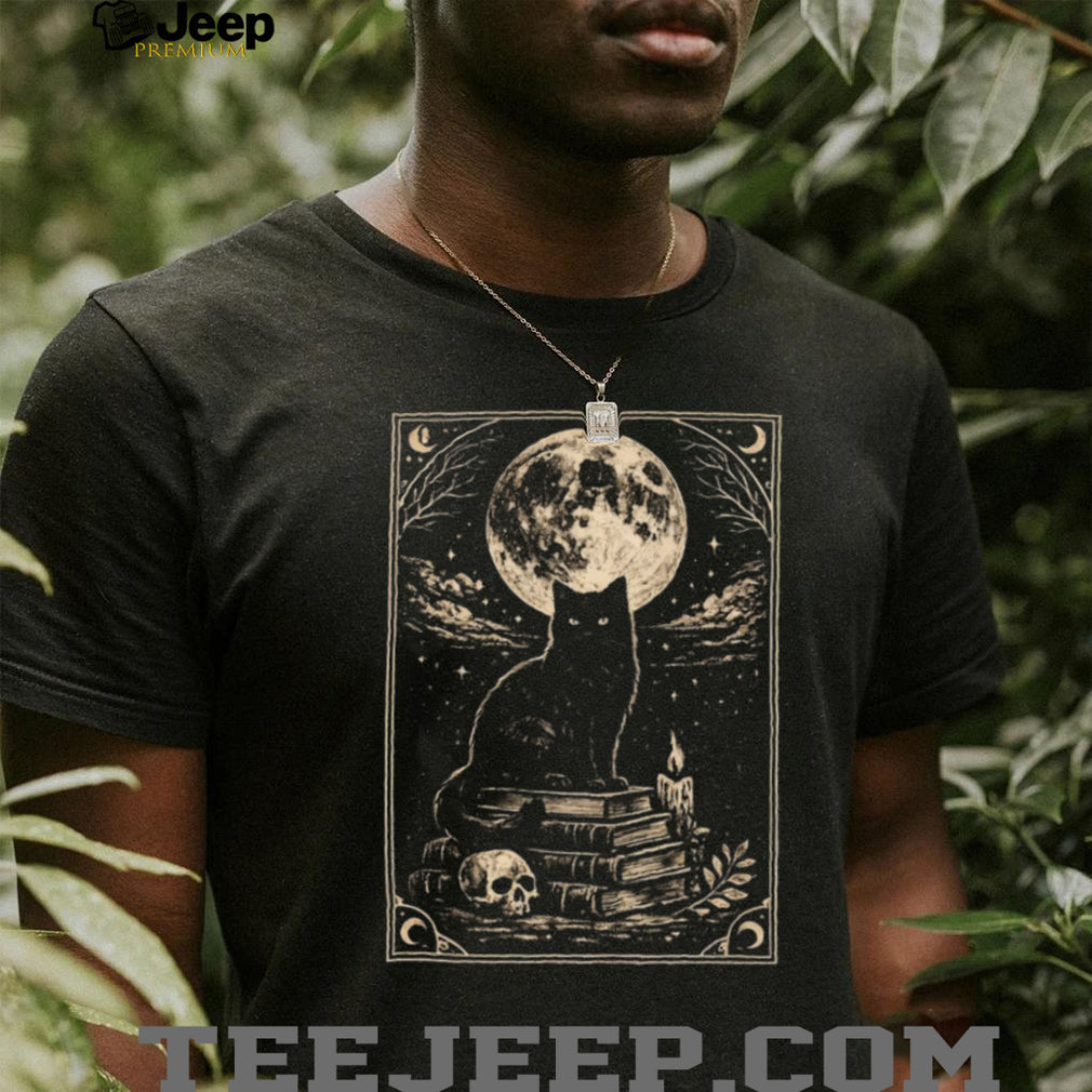 Gothic Black Cat on Ancient Books Full Moon Occult Dark Academia T Shirt