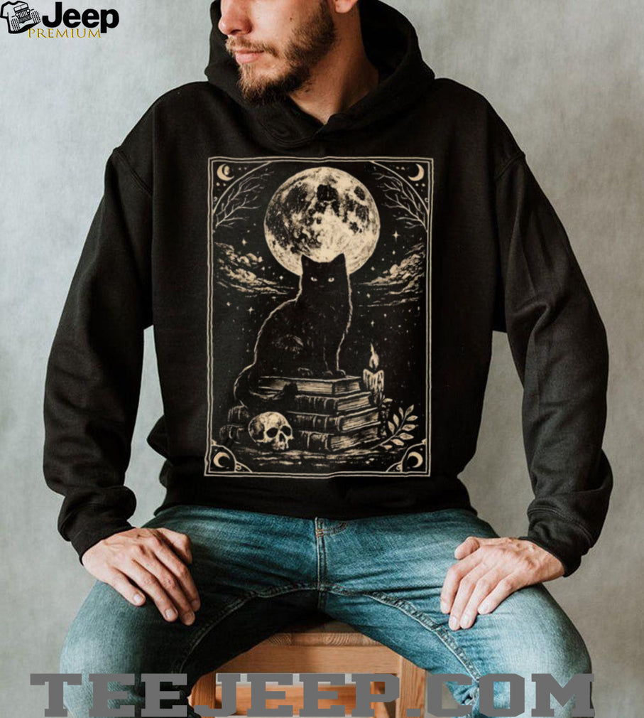 Gothic Black Cat on Ancient Books Full Moon Occult Dark Academia T Shirt