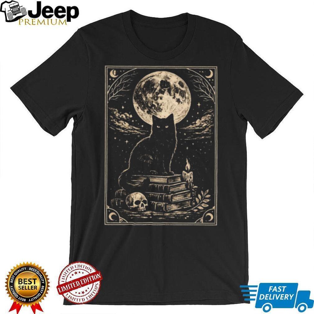 Gothic Black Cat on Ancient Books Full Moon Occult Dark Academia T Shirt