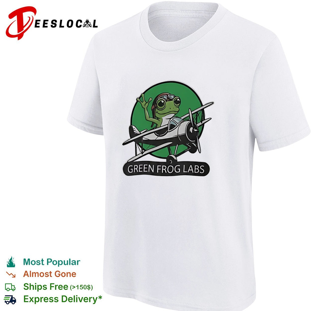 Green Frog Labs airplane flying frog mascot shirt