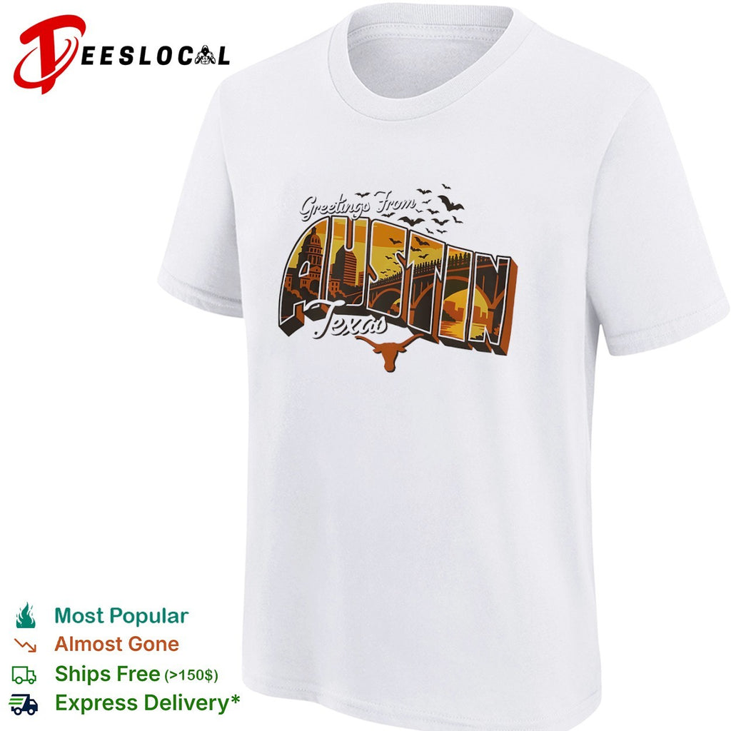 Greetings From Austin Texas Longhorn Silhouette Bats Capitol City Skyline shirt