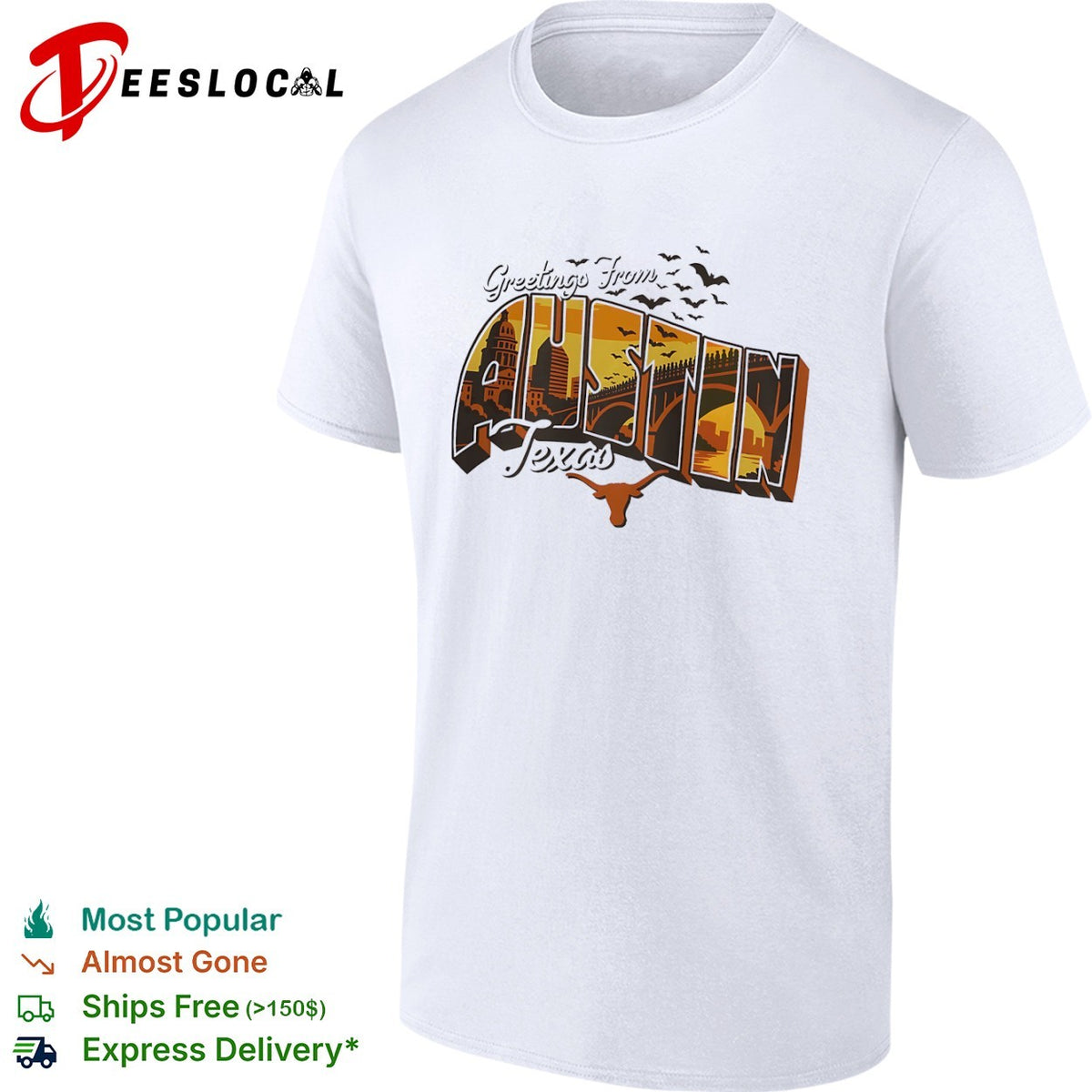 Greetings From Austin Texas Longhorn Silhouette Bats Capitol City Skyline shirt