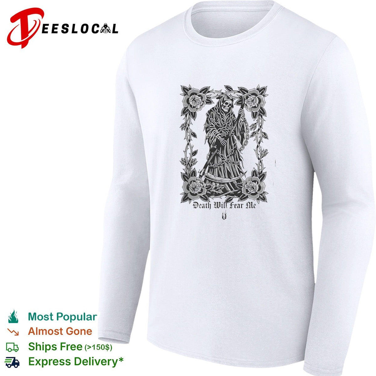 Grim Reaper death will fear me rose thorn chain gothic horror skeleton art shirt