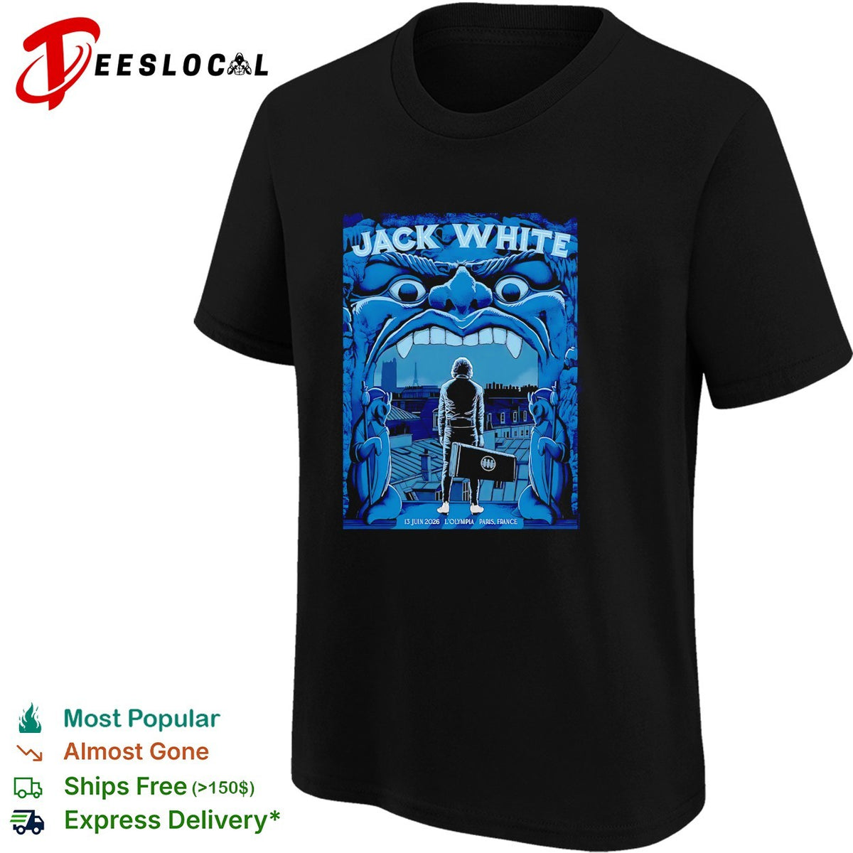 Guitar-case-carrying figure looming monster face building city concert poster art shirt