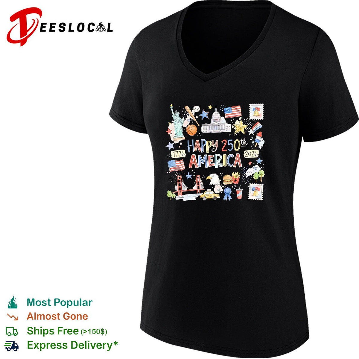 Happy 250th America 1776 2026 patriotic icon collage Statue of Liberty eagle shirt