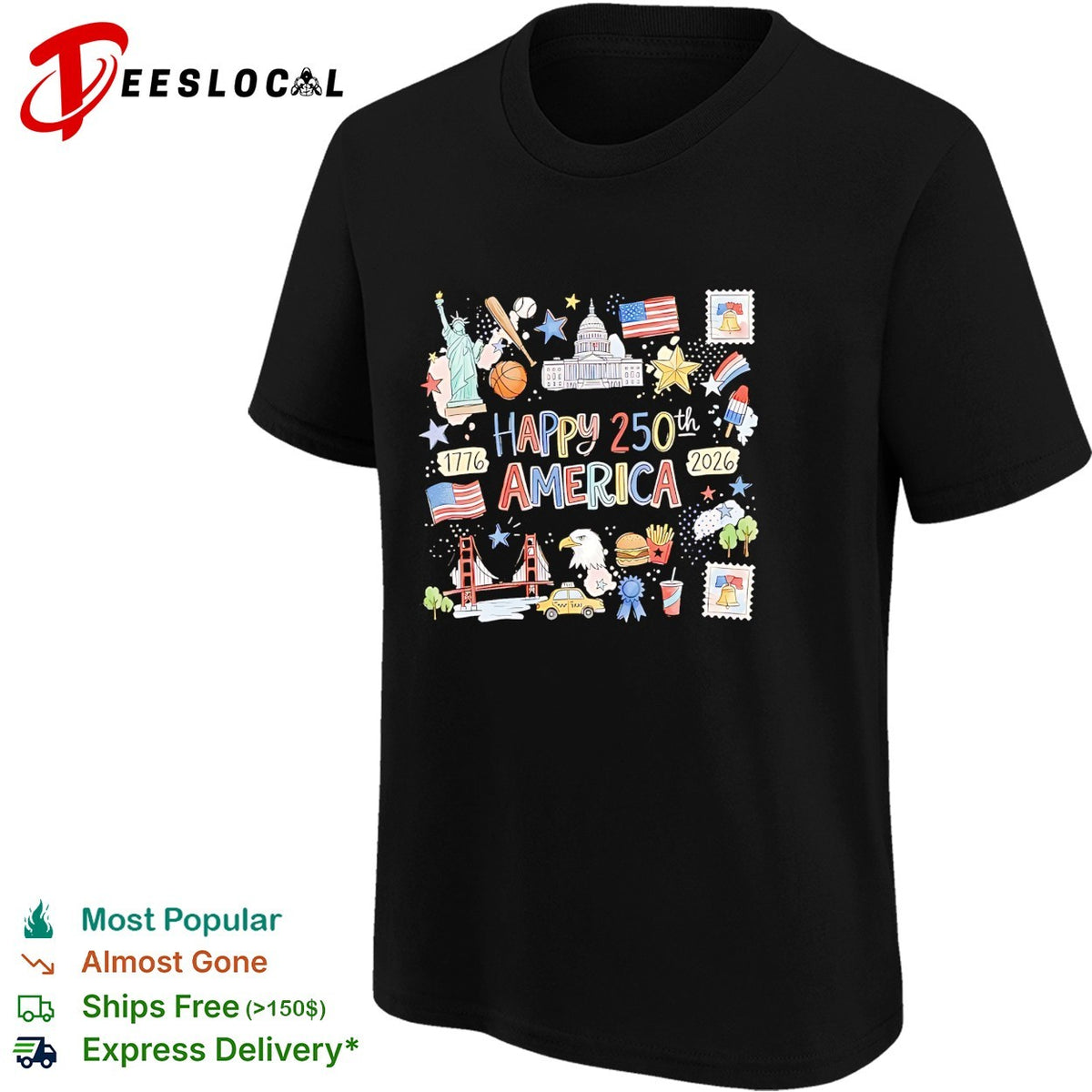 Happy 250th America 1776 2026 patriotic icon collage Statue of Liberty eagle shirt