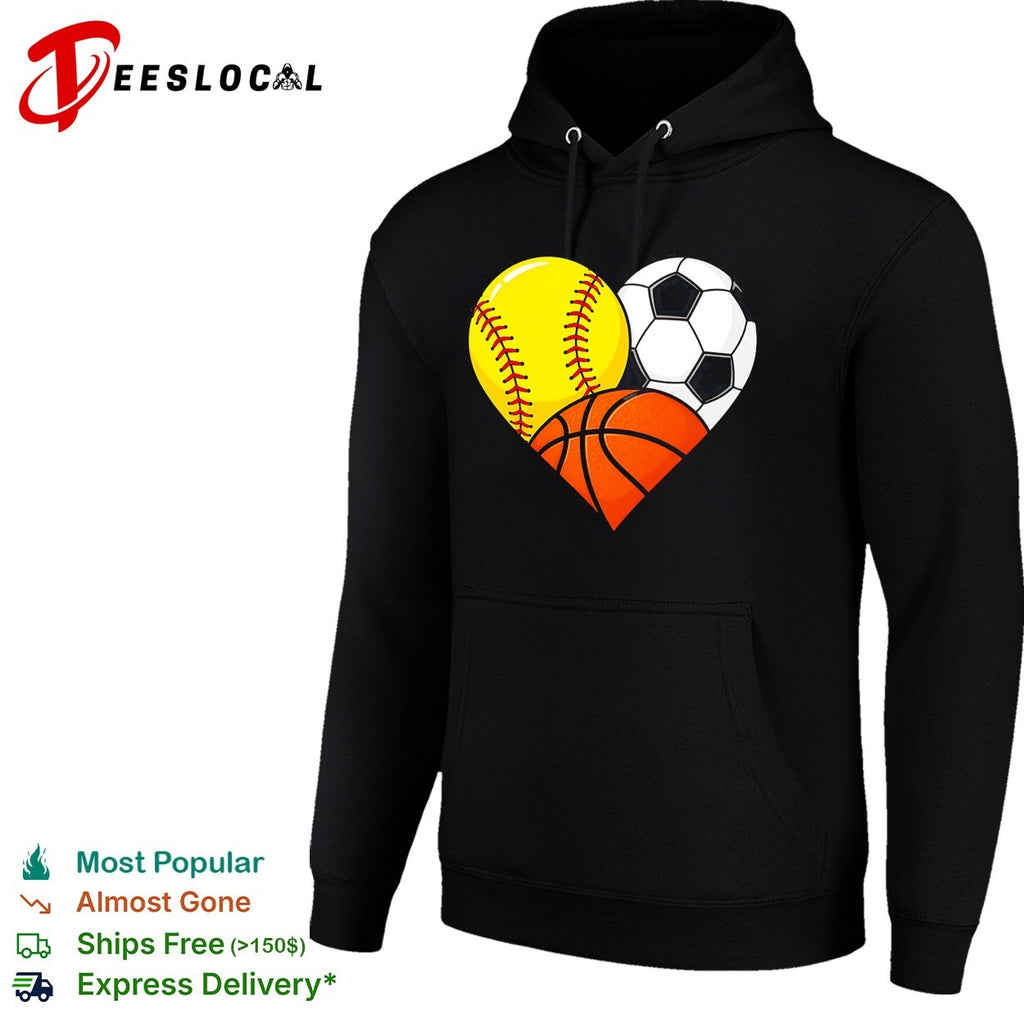 Heart shaped softball soccer basketball three sports love art shirt