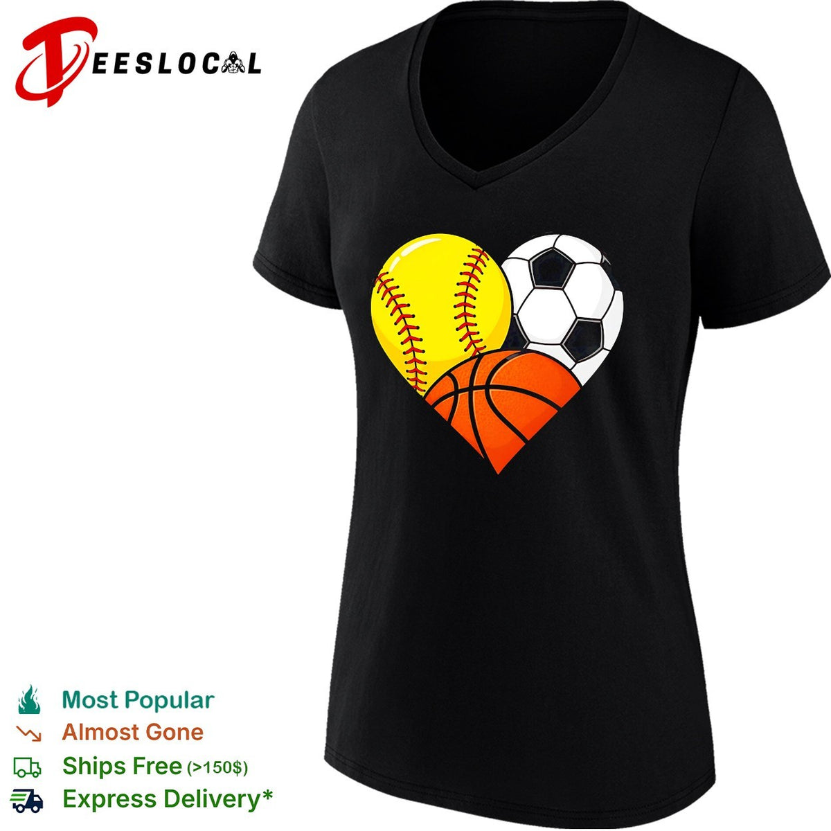 Heart shaped softball soccer basketball three sports love art shirt