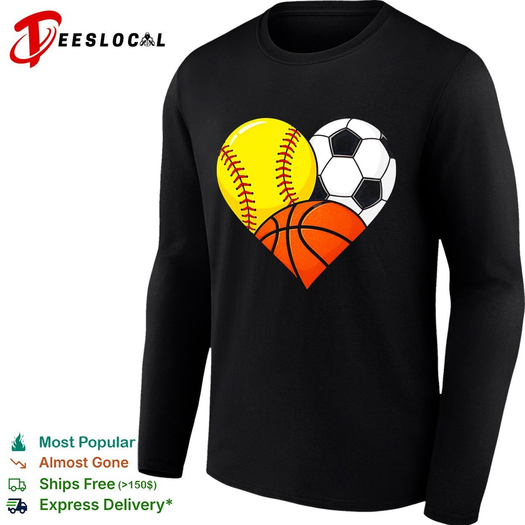 Heart shaped softball soccer basketball three sports love art shirt