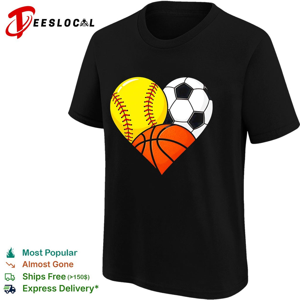Heart shaped softball soccer basketball three sports love art shirt