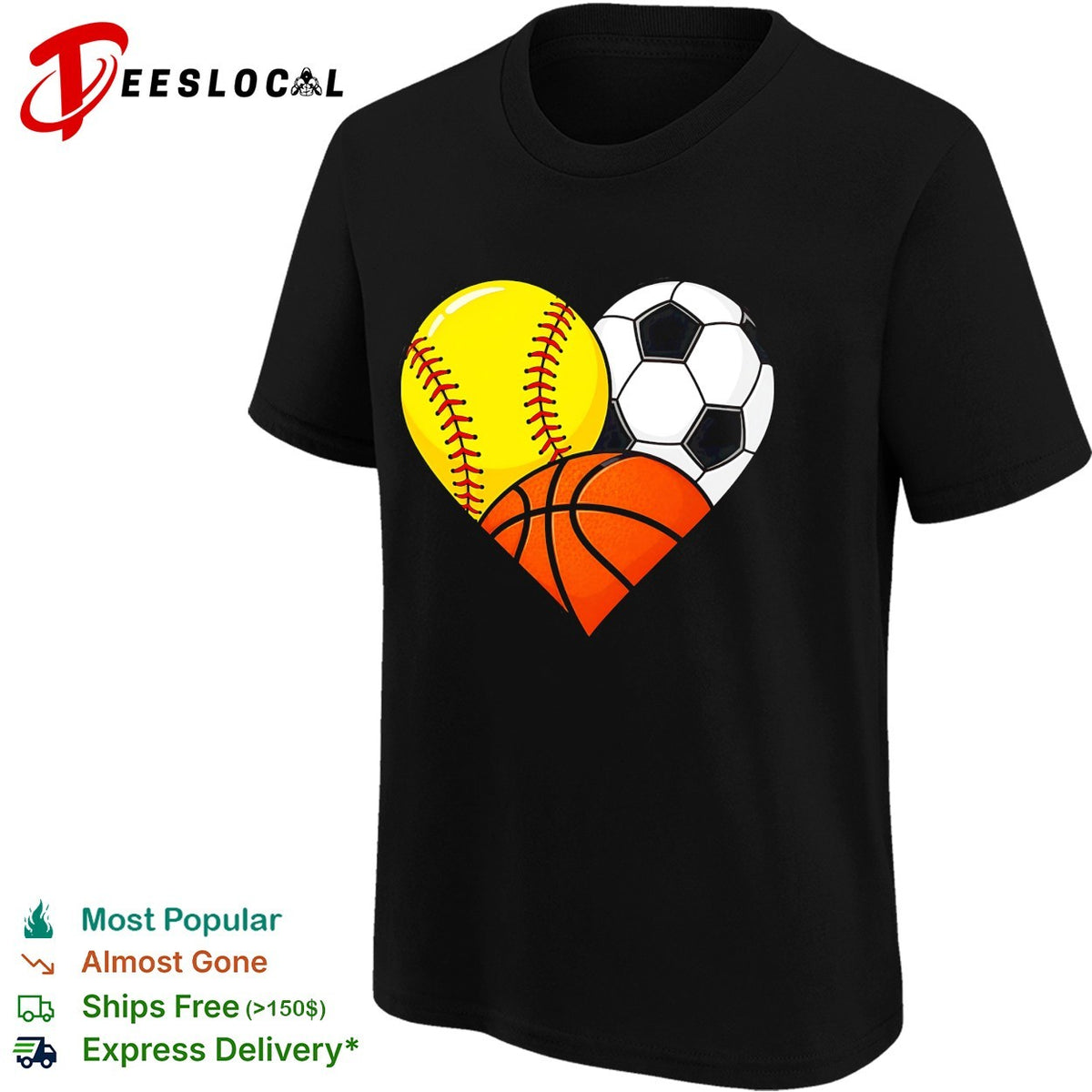 Heart shaped softball soccer basketball three sports love art shirt