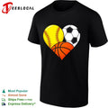 Heart shaped softball soccer basketball three sports love art shirt