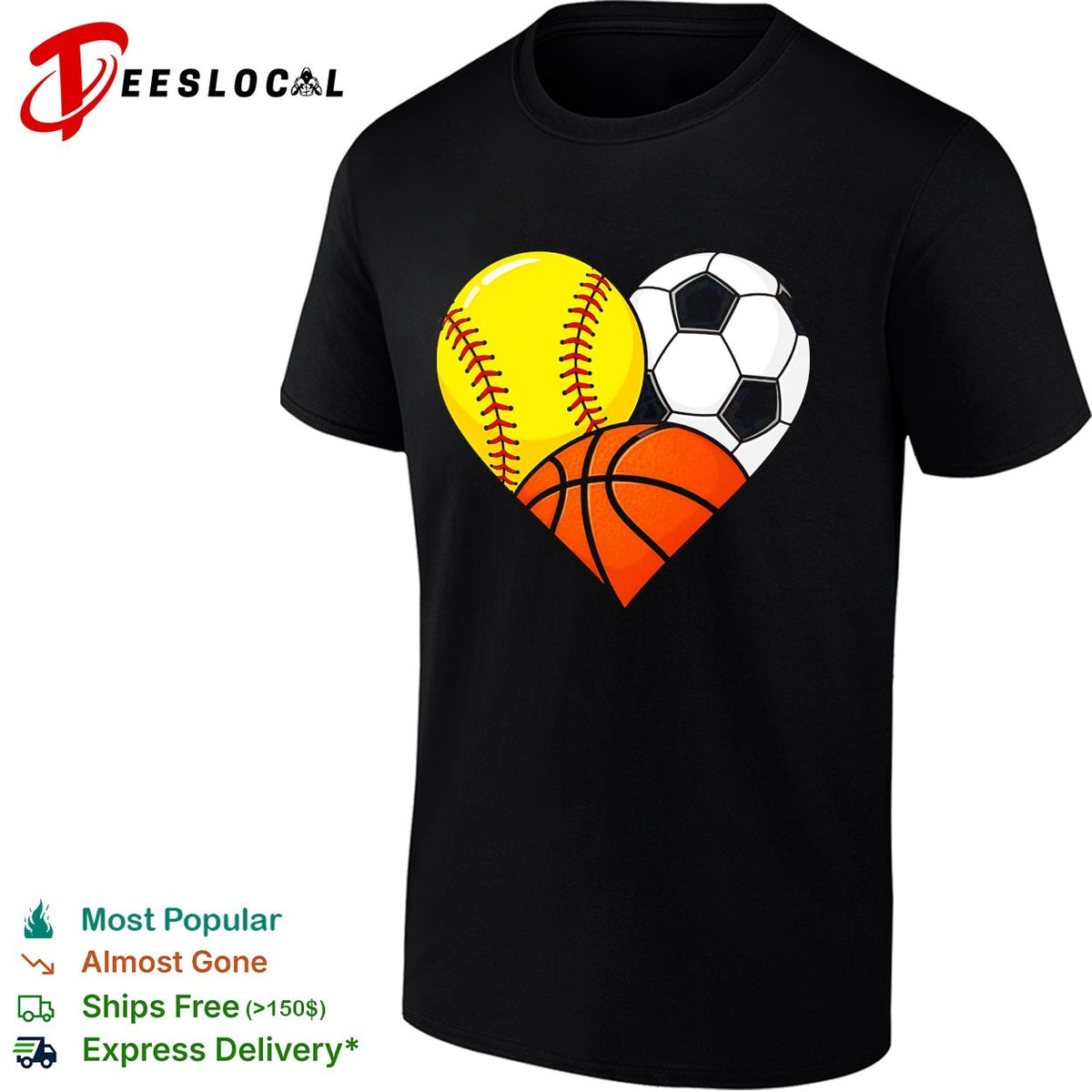 Heart shaped softball soccer basketball three sports love art shirt