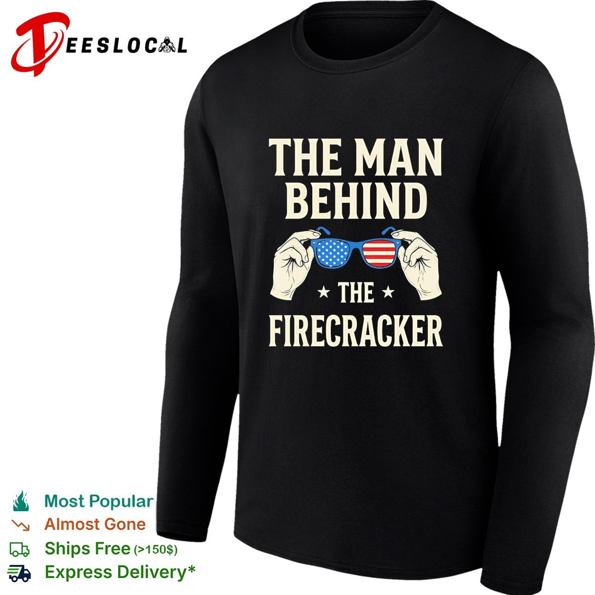 Holding sunglasses with USA flag pattern the man behind the firecracker retro shirt
