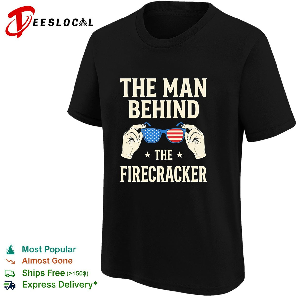 Holding sunglasses with USA flag pattern the man behind the firecracker retro shirt