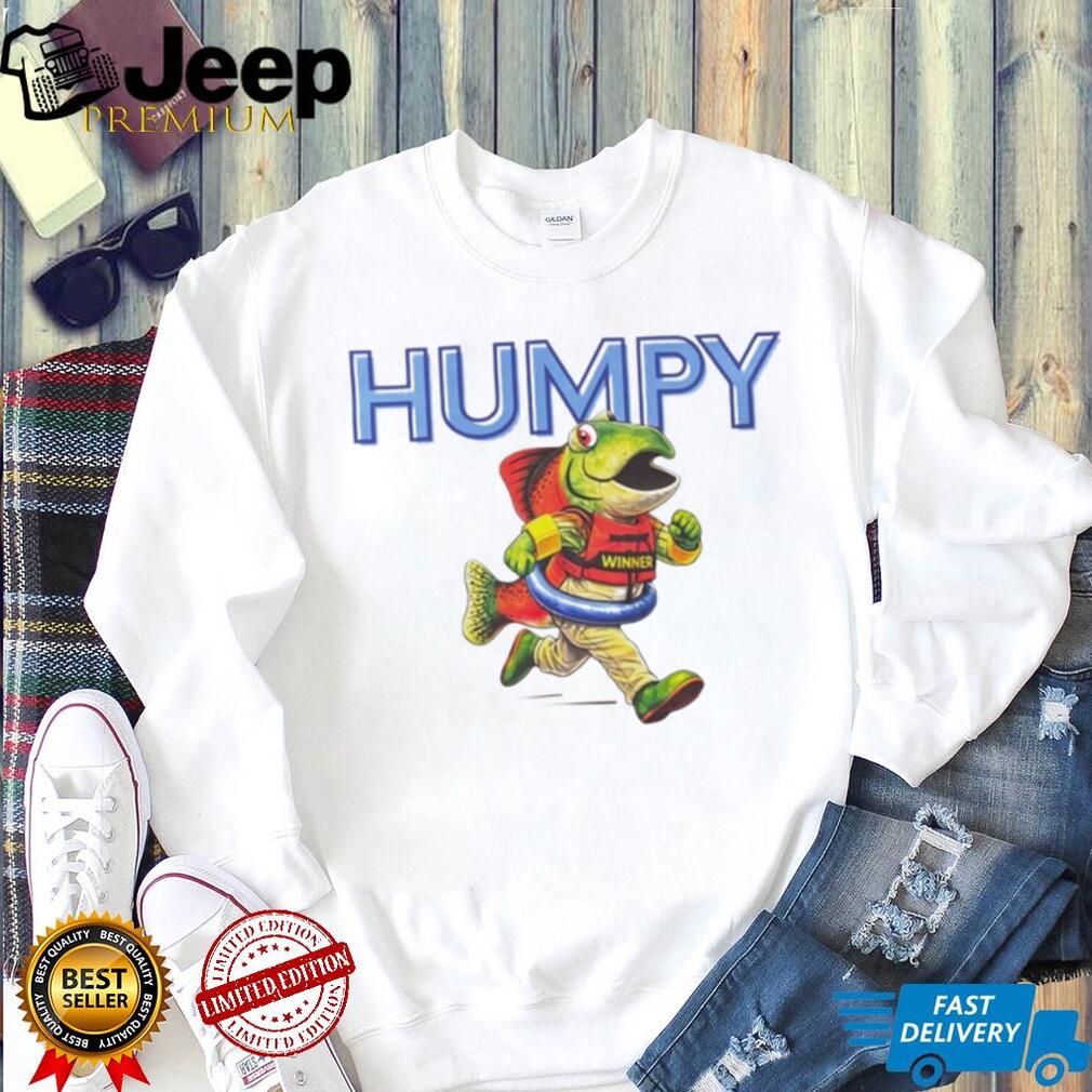 Humpy The Winner Cartoon Running Salmon Mascot T Shirt