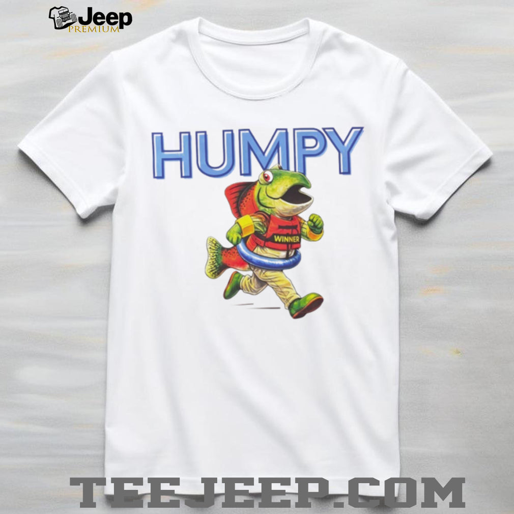 Humpy The Winner Cartoon Running Salmon Mascot T Shirt