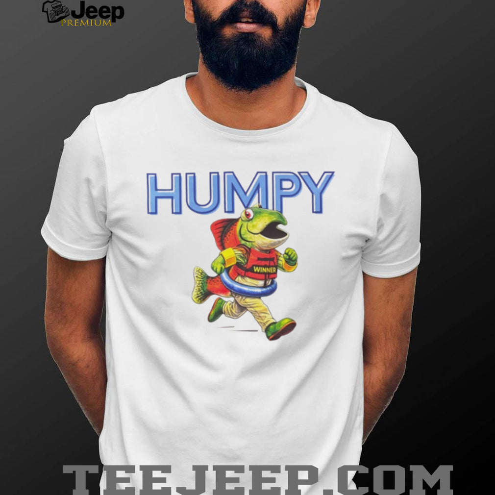 Humpy The Winner Cartoon Running Salmon Mascot T Shirt