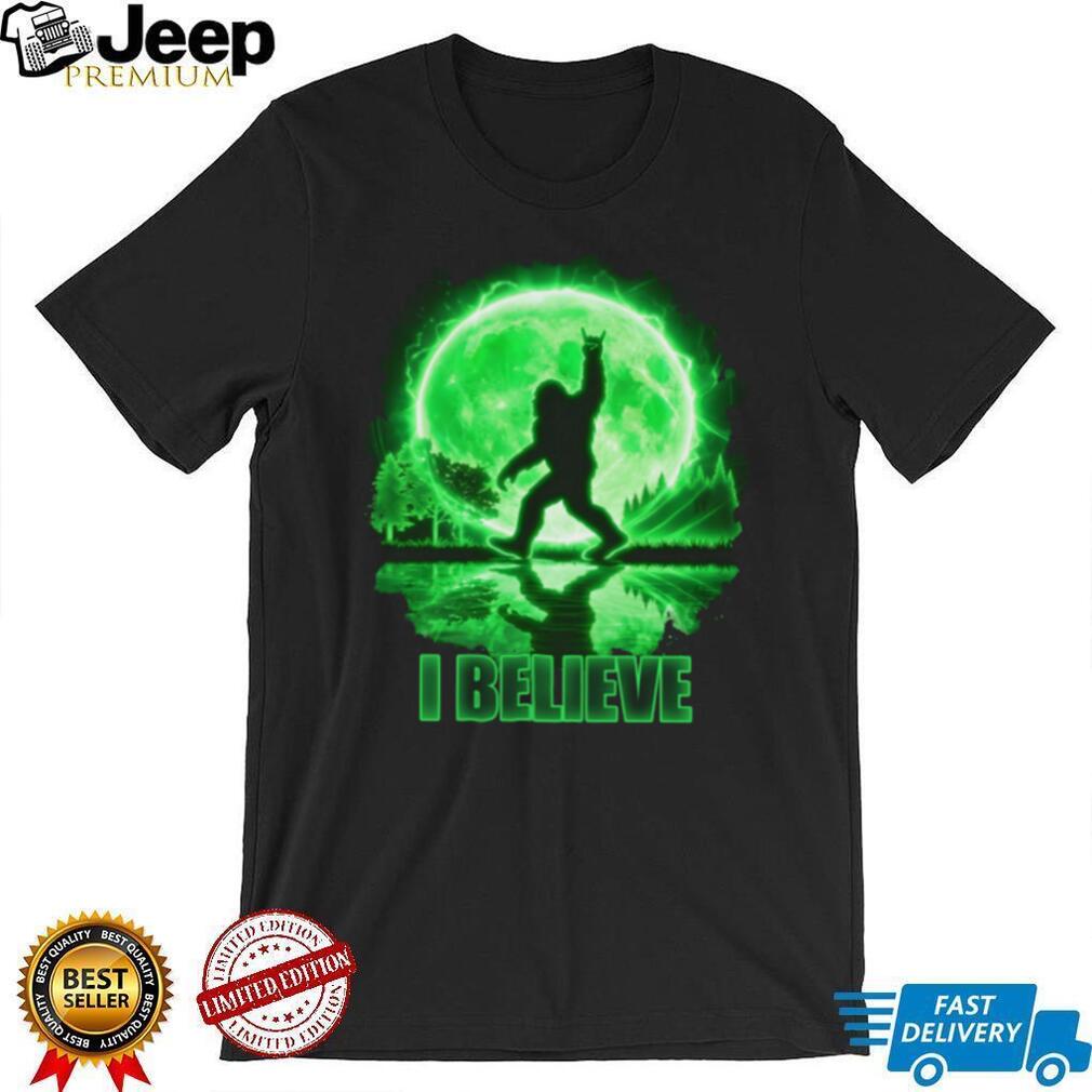 I Believe Bigfoot Rock On Silhouette Green Moon T Shirt