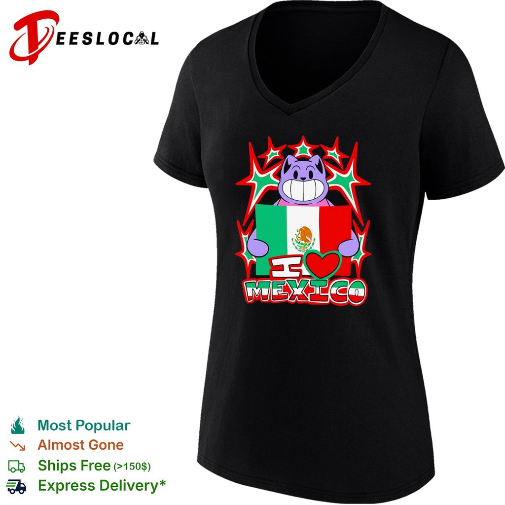 I Love Mexico Cartoon Cat Holding Mexico Flag National Pride Mexican Culture shirt