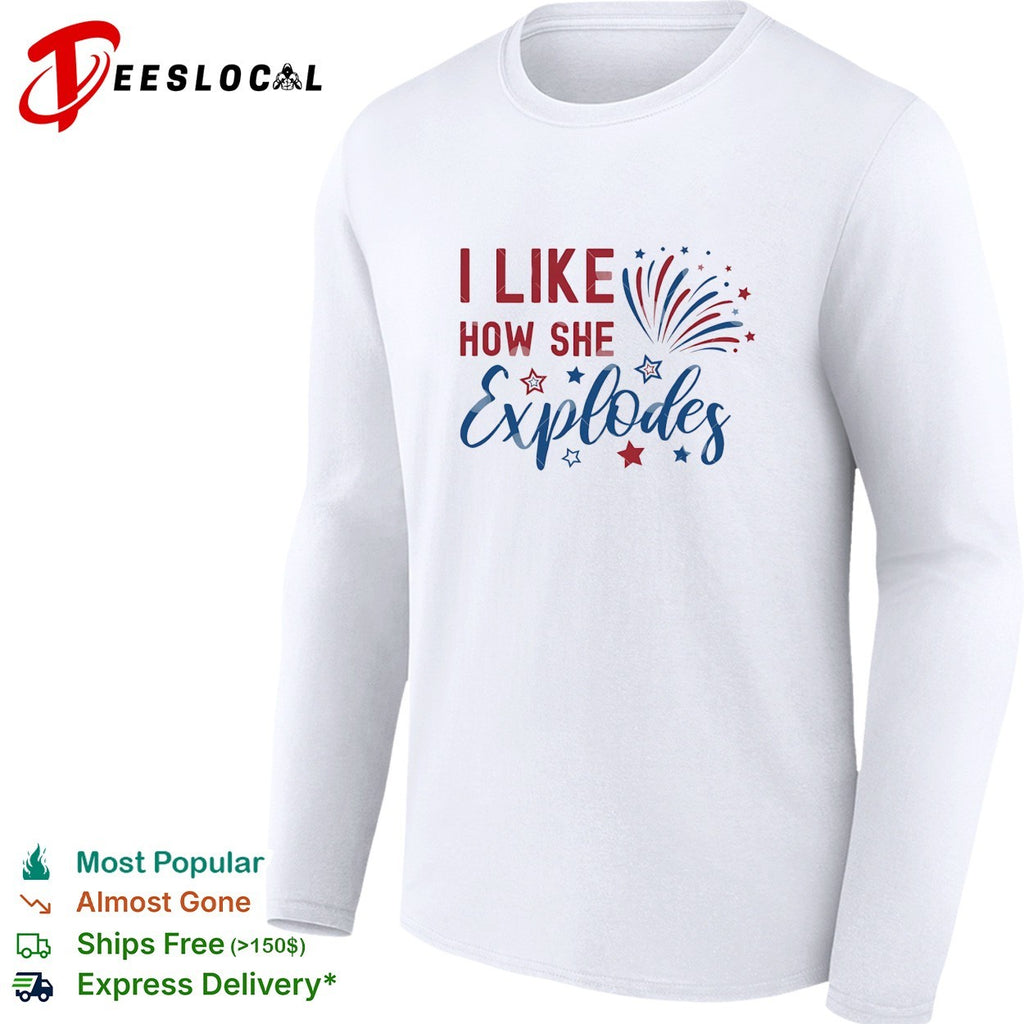 I like how she explodes Fourth of July fireworks red white blue white shirt
