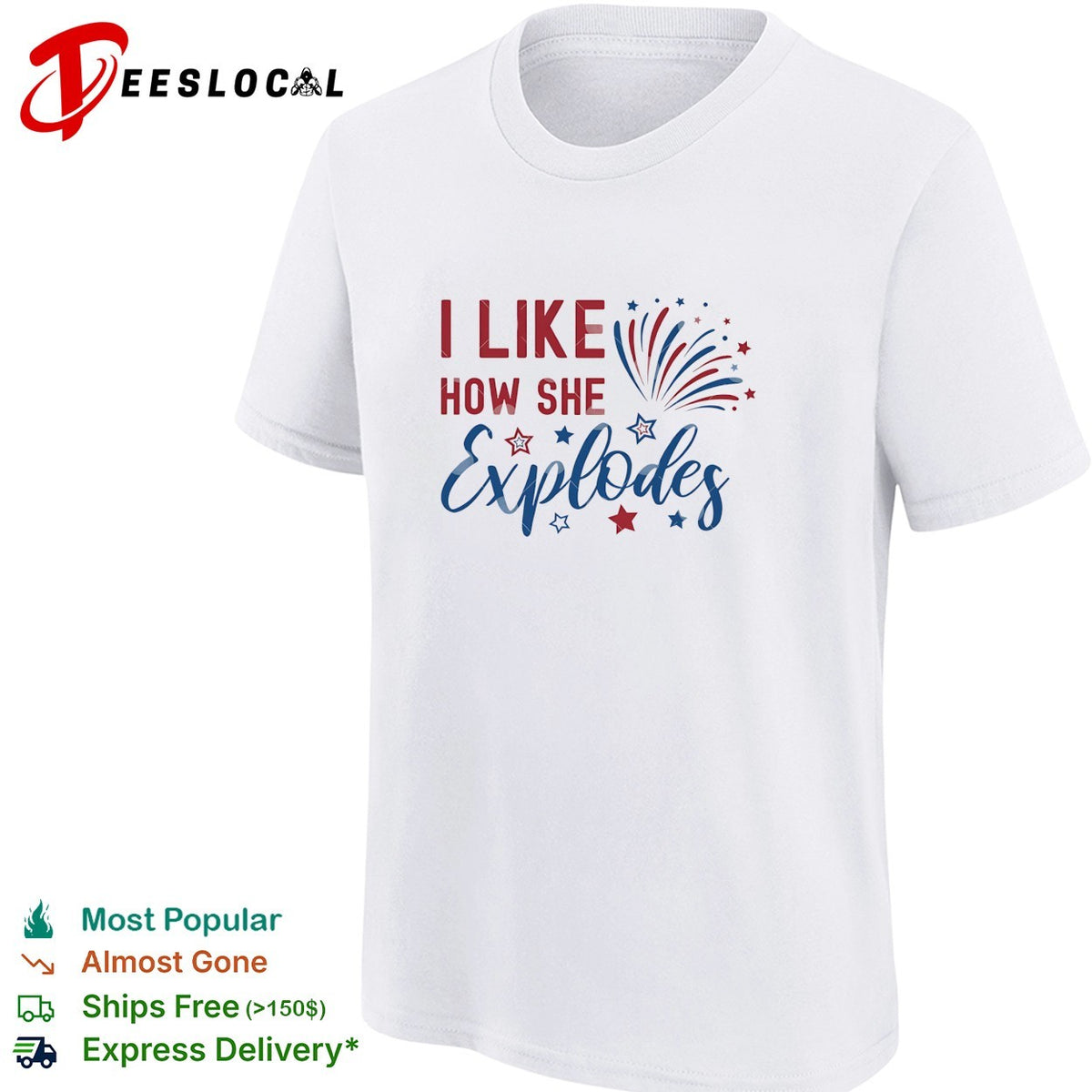 I like how she explodes Fourth of July fireworks red white blue white shirt