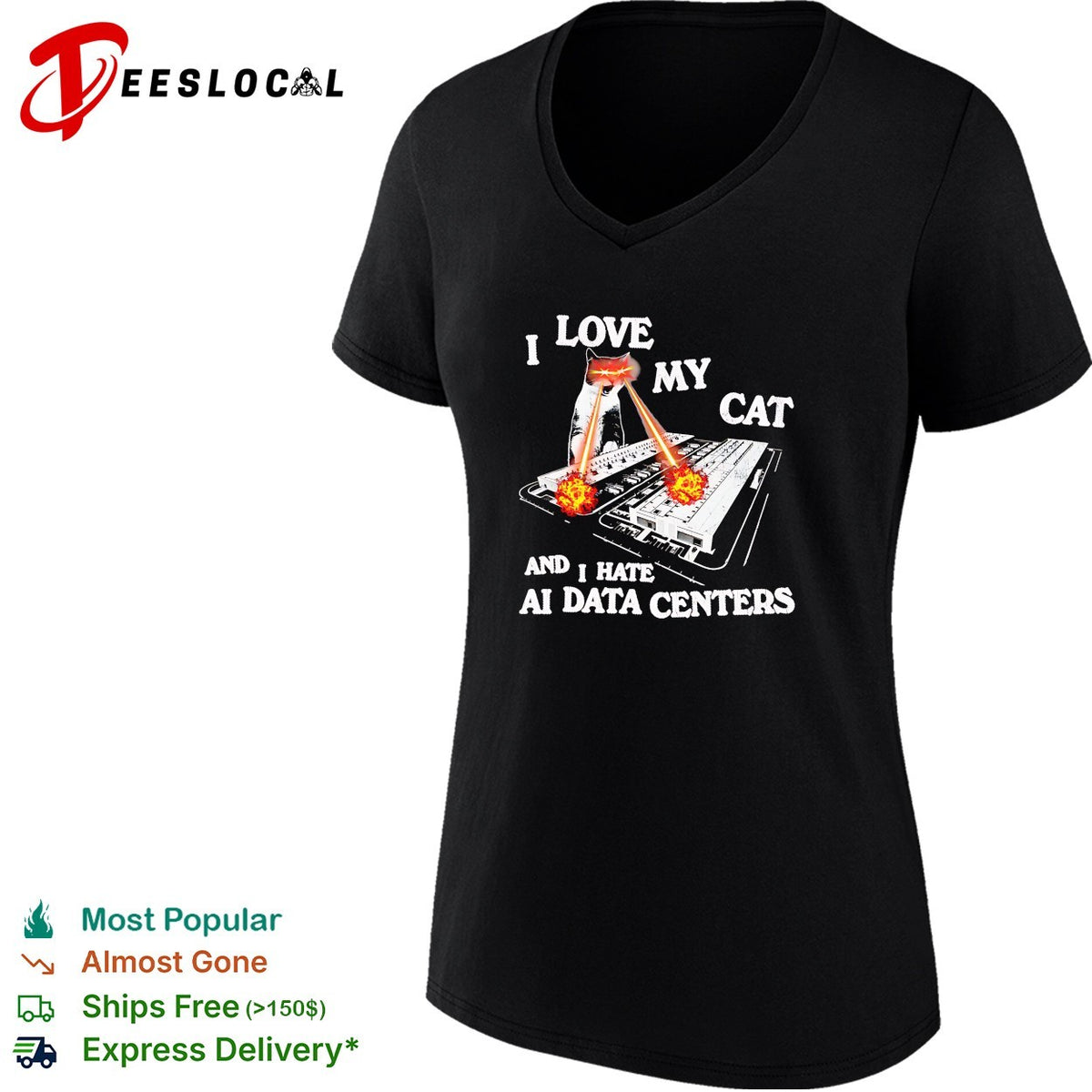 I love my cat and i hate ai data centers laser eye feline funny tech protest shirt