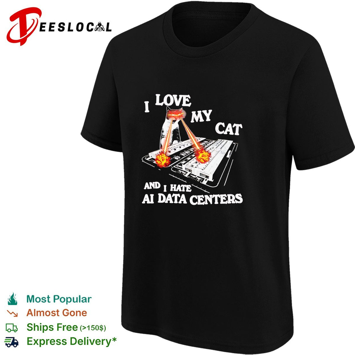 I love my cat and i hate ai data centers laser eye feline funny tech protest shirt