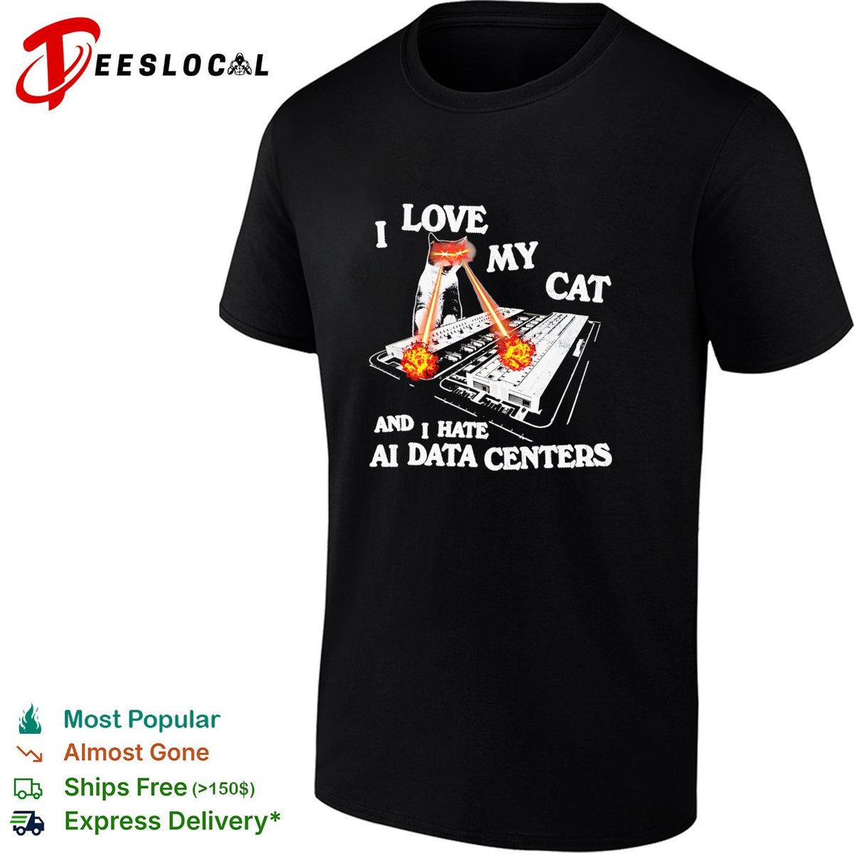 I love my cat and i hate ai data centers laser eye feline funny tech protest shirt