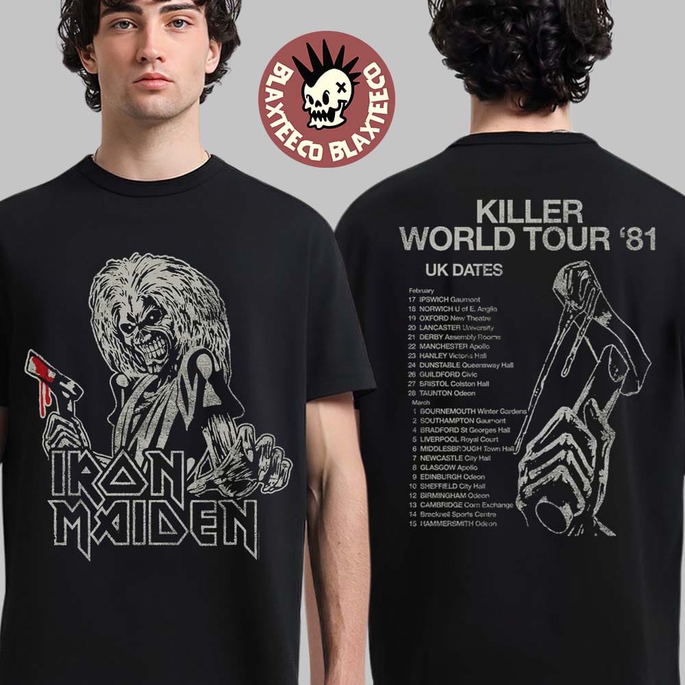 Iron Maiden 50 Anniversary Killer World Tour 1981 UK Dates Vintage Two Sided T-Shirt