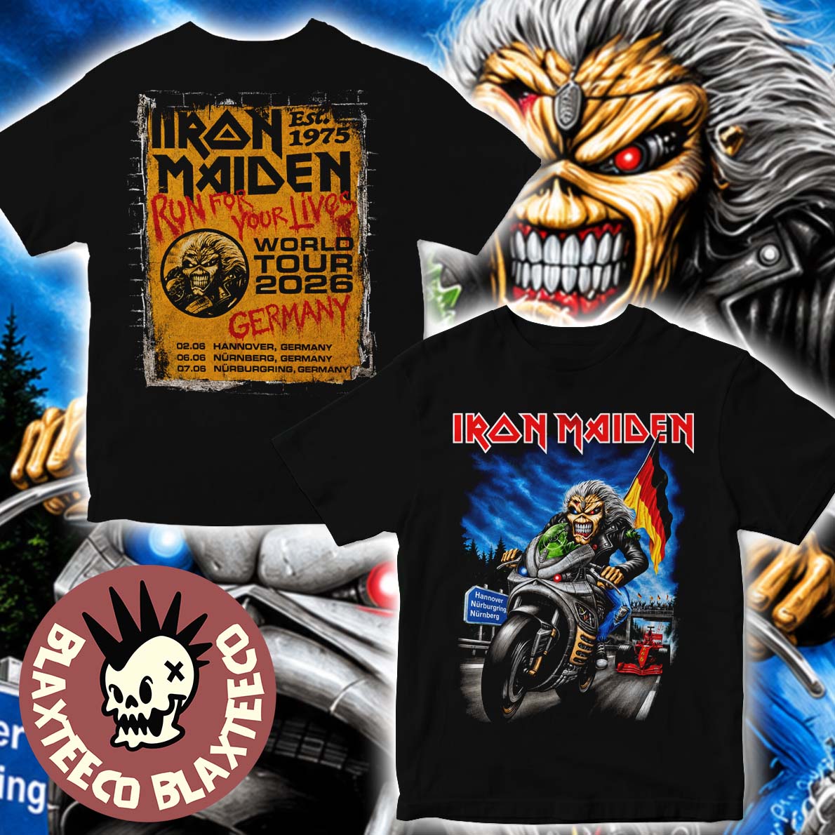 Iron Maiden Germany 2026 Tour Exclusive Event Tee For Hannover Nurnberg And Nurburgring On 2 6 And 7 June 2026 Eddie Riding Motor T-Shirt