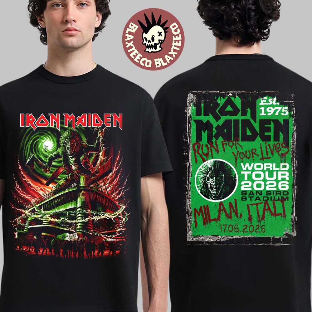 Iron Maiden Italy 2026 Tour Exclusive Event Tee For Milan Italy At San Siro Stadium On 17 June 2026 Forza Maiden Eddie With Axe T-Shirt