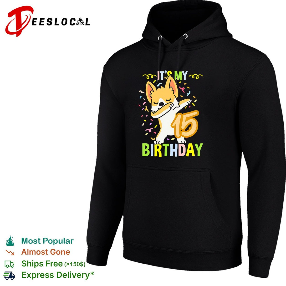 It is My 15 Birthday Dabbing Corgi Dog Confetti Party Celebration Funny Kids shirt