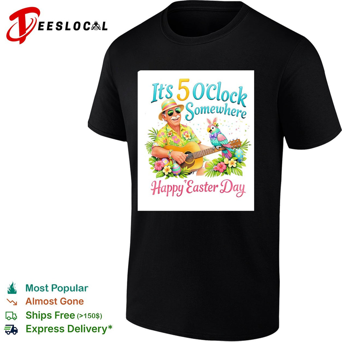 It’s 5 o’clock somewhere happy Easter day beach guitarist parrot shirt