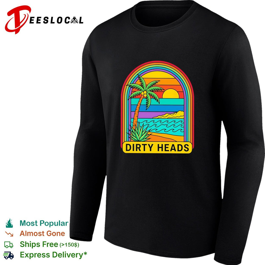 Tropical beach palm tree rainbow arch sunset vintage poster art shirt