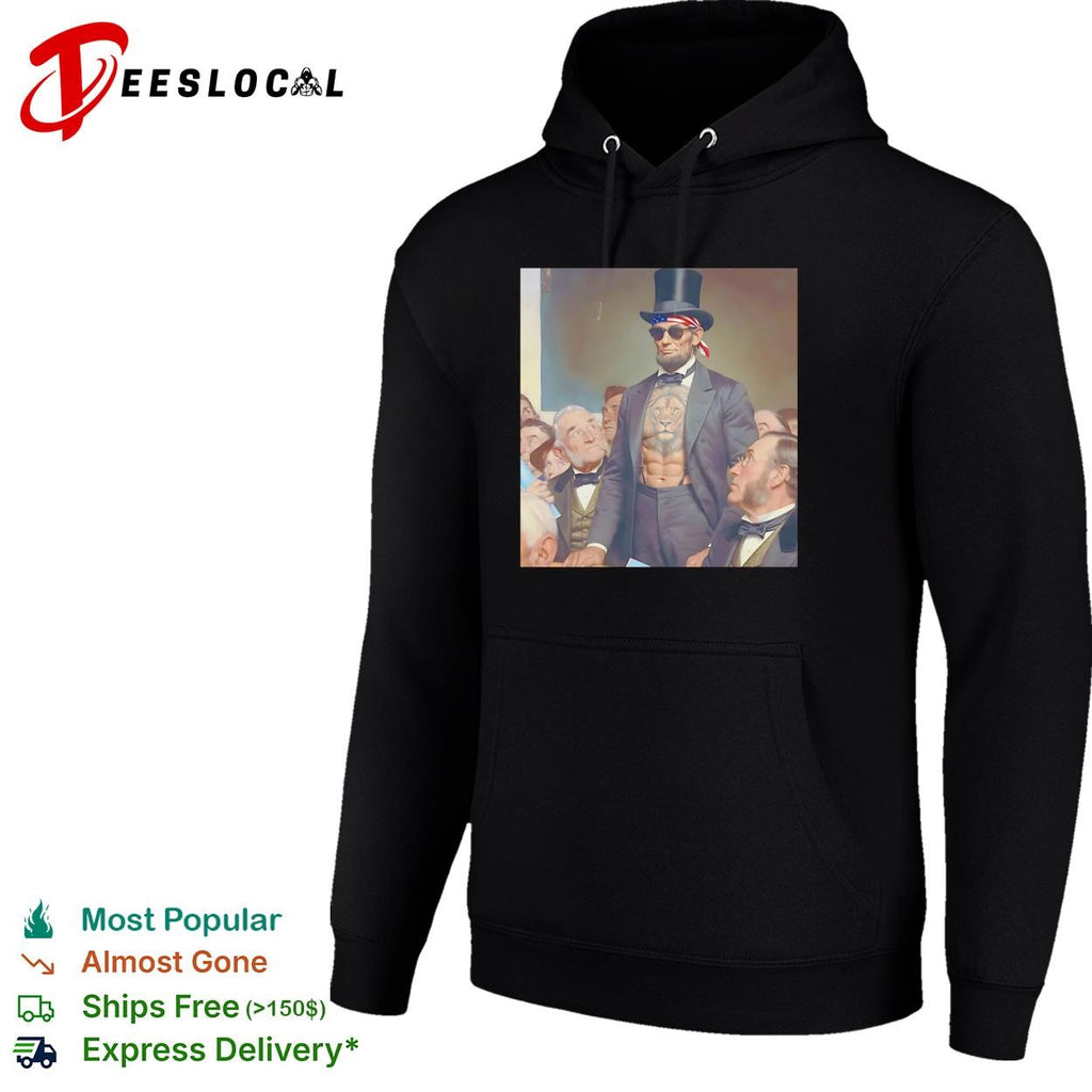 Abraham Lincoln lion chest tattoo top hat and sunglasses portrait graphic shirt