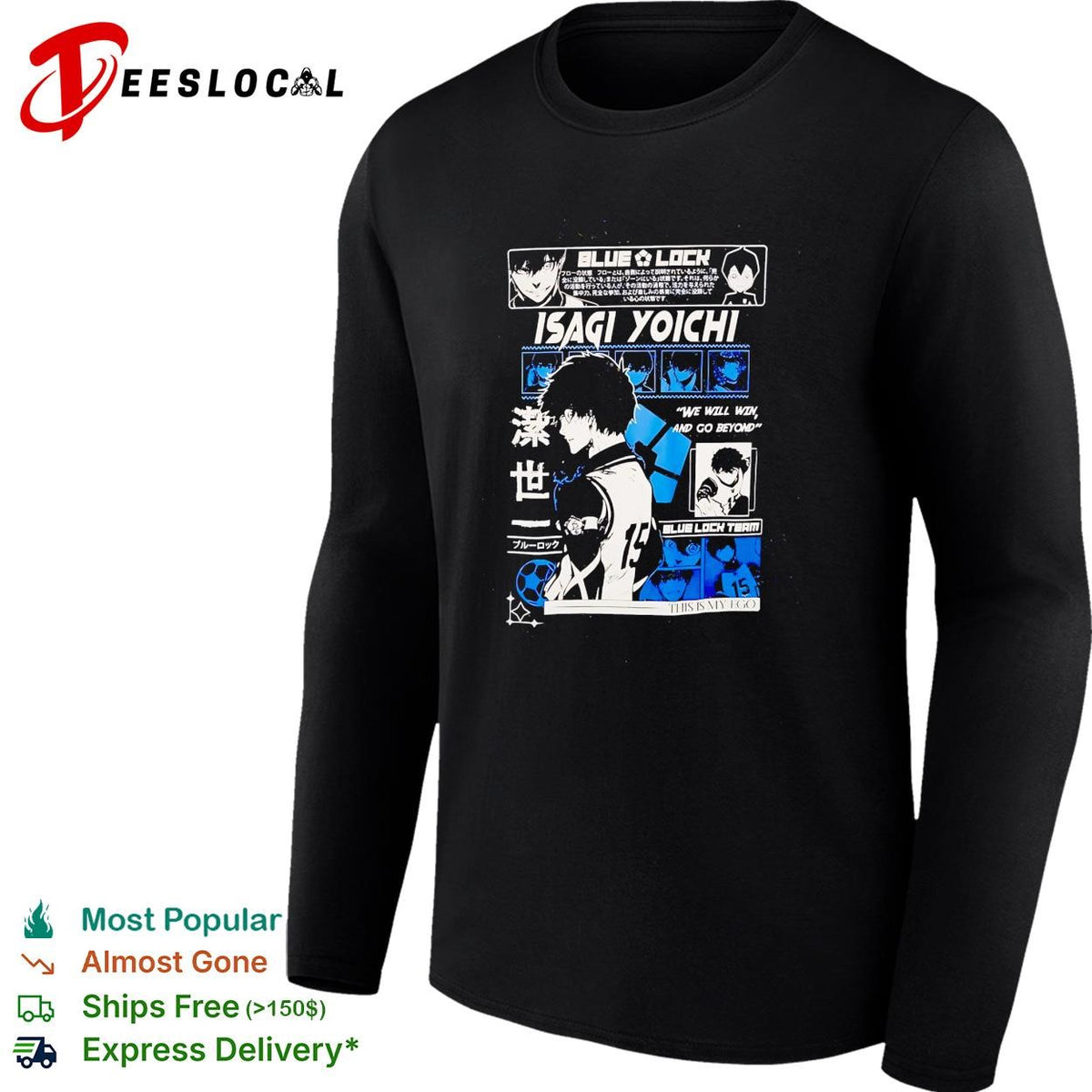Blue Lock Isagi Yoichi character profile manga panel collage black poster shirt