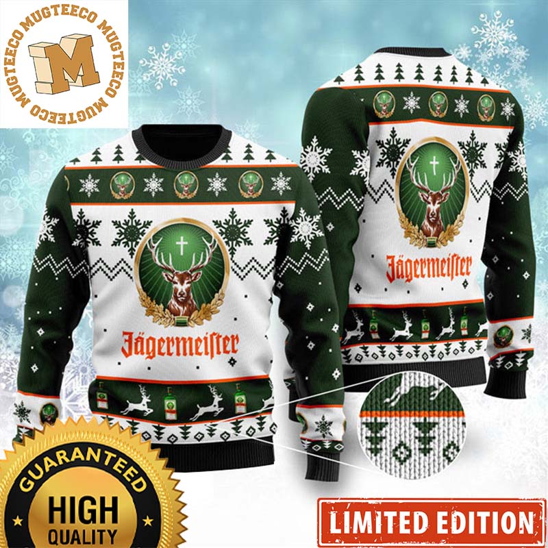 Jagermeister The Deer Big Logo For Wine Addict Snowflakes Knitting Holiday Ugly Sweater 2023