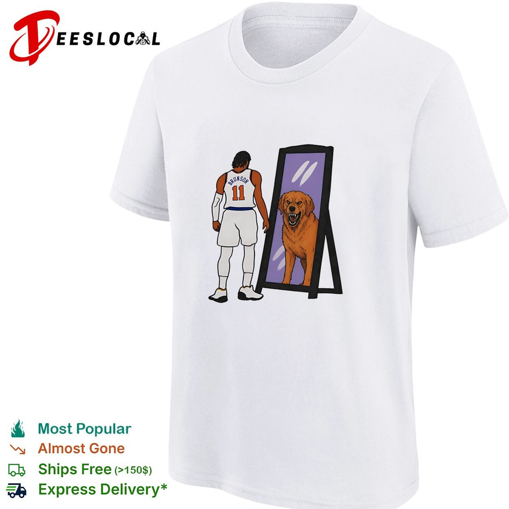 Jalen Brunson 11 Knicks jersey mirror reflection golden retriever dog humor art shirt
