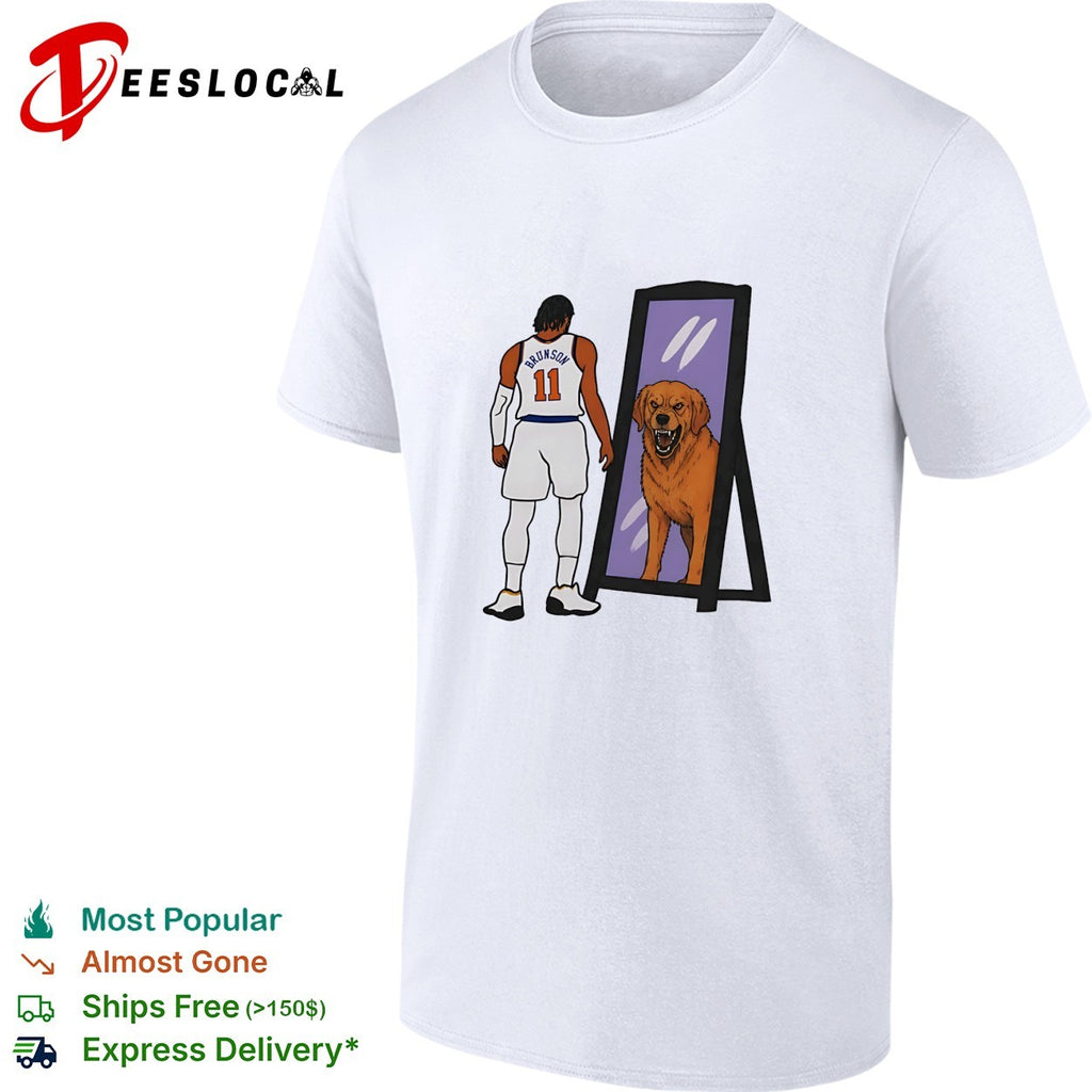 Jalen Brunson 11 Knicks jersey mirror reflection golden retriever dog humor art shirt