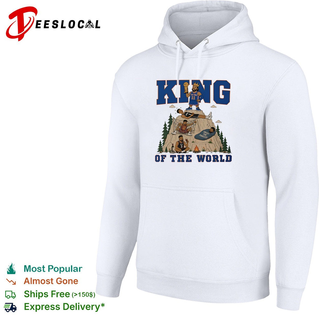Jalen Brunson 11 king of the world mountain throne Knicks championship cartoon shirt