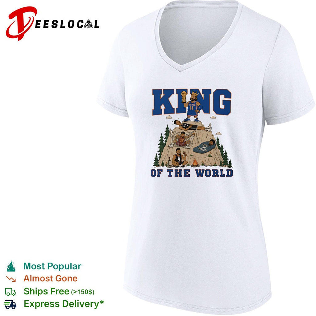 Jalen Brunson 11 king of the world mountain throne Knicks championship cartoon shirt