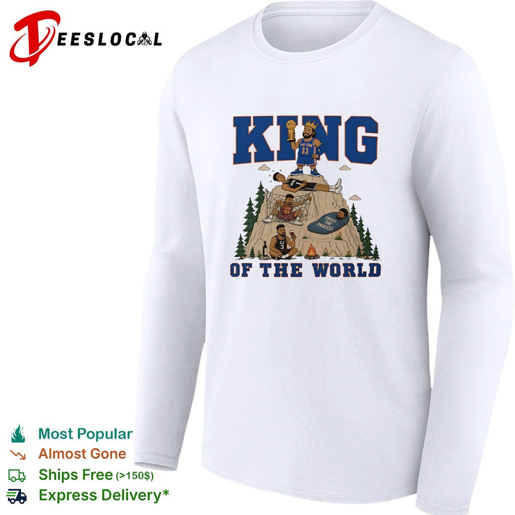 Jalen Brunson 11 king of the world mountain throne Knicks championship cartoon shirt