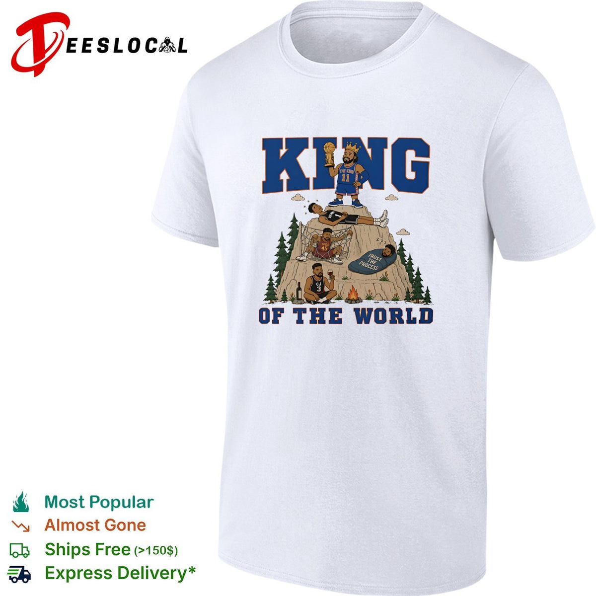Jalen Brunson 11 king of the world mountain throne Knicks championship cartoon shirt