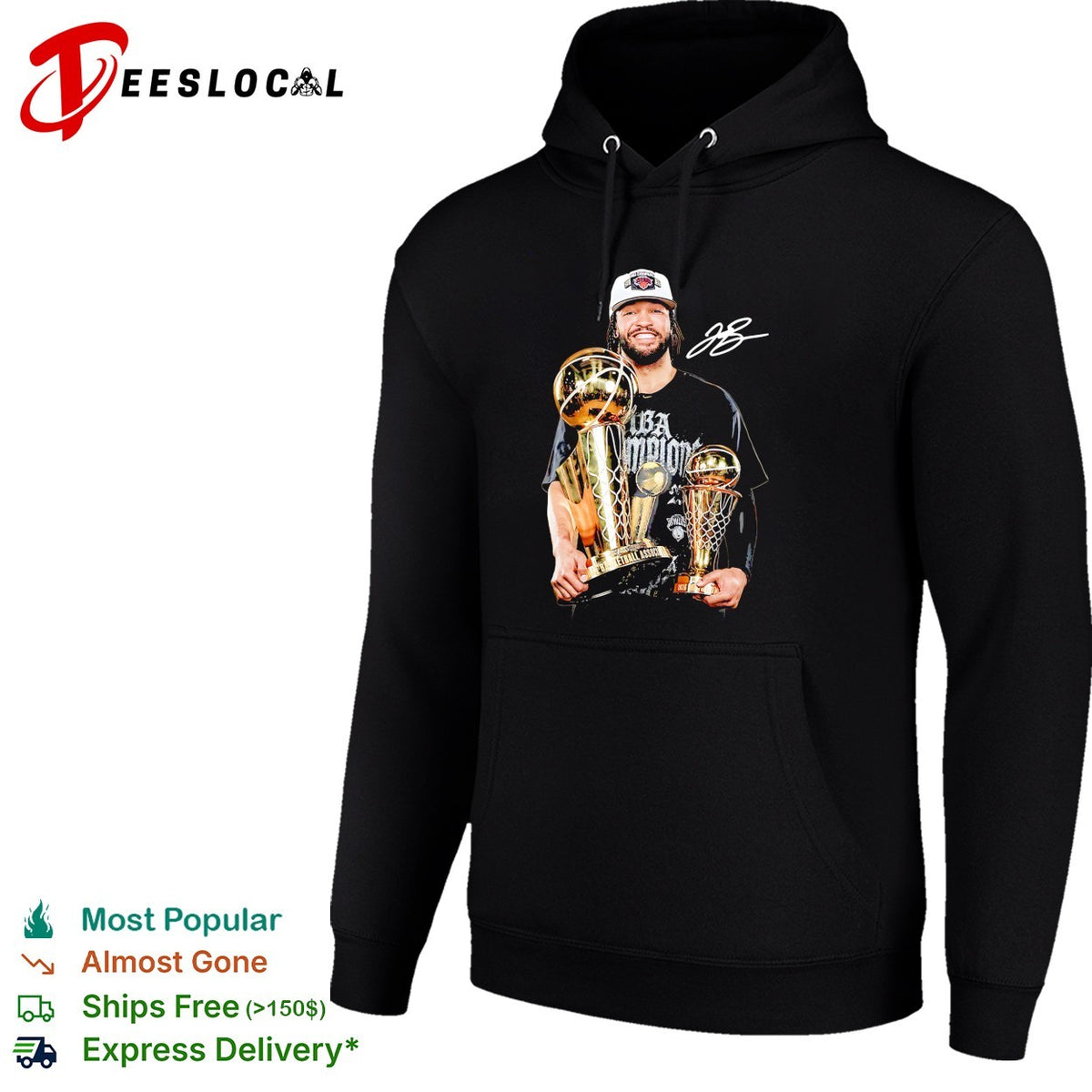 Jalen Brunson holding championship trophy and Finals MVP award double trophy celebration photo shirt