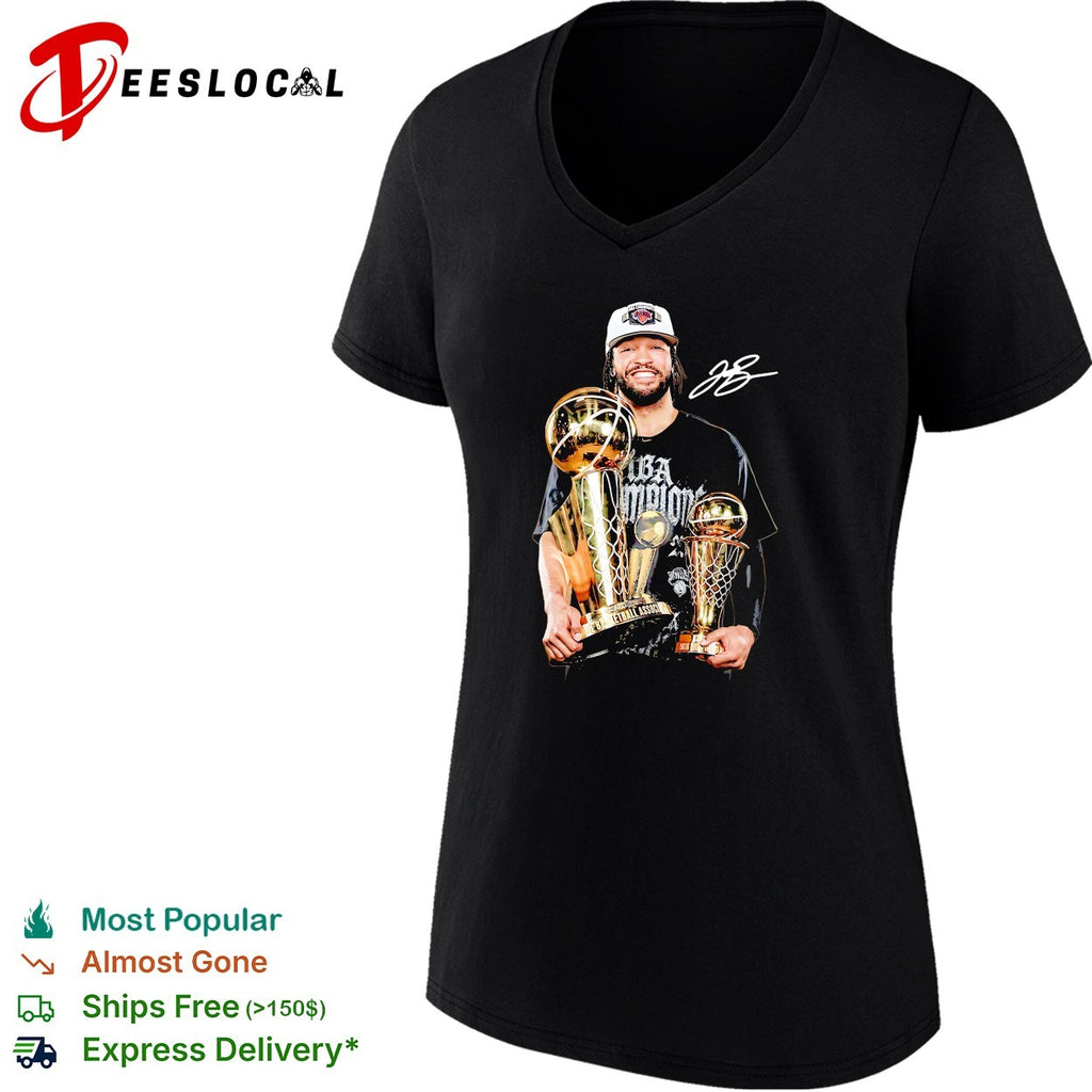 Jalen Brunson holding championship trophy and Finals MVP award double trophy celebration photo shirt