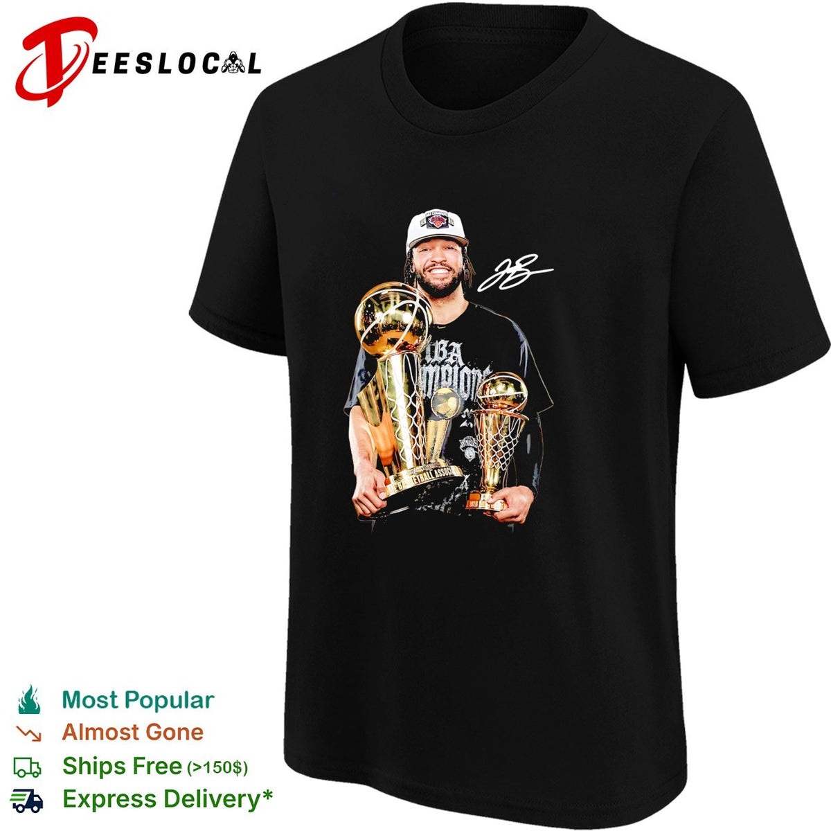 Jalen Brunson holding championship trophy and Finals MVP award double trophy celebration photo shirt
