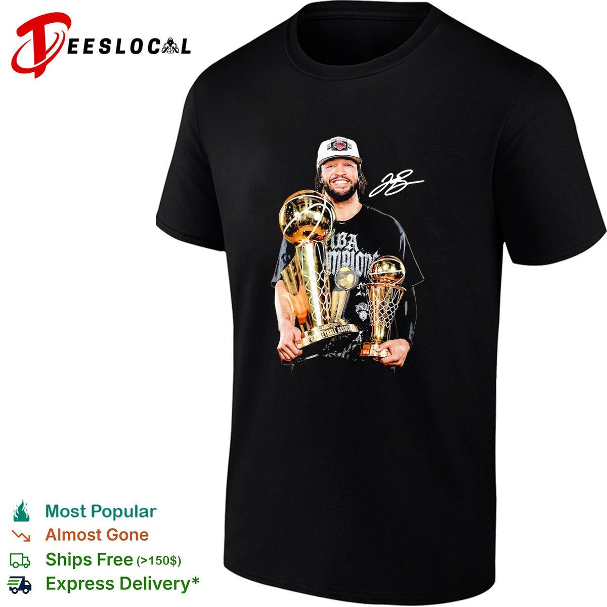 Jalen Brunson holding championship trophy and Finals MVP award double trophy celebration photo shirt